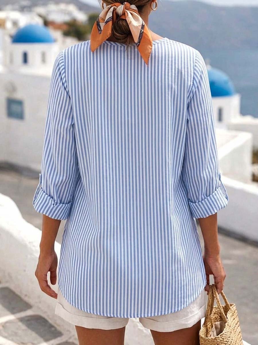 Women's Striped Printed V-neck Long-sleeved Casual Loose Cotton Linen Top