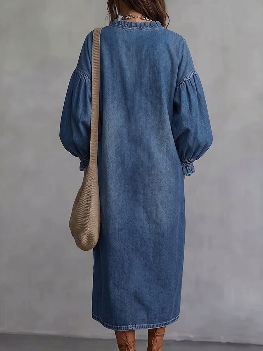 Chic Denim Ruffle-Trim Button-Down Midi Dress