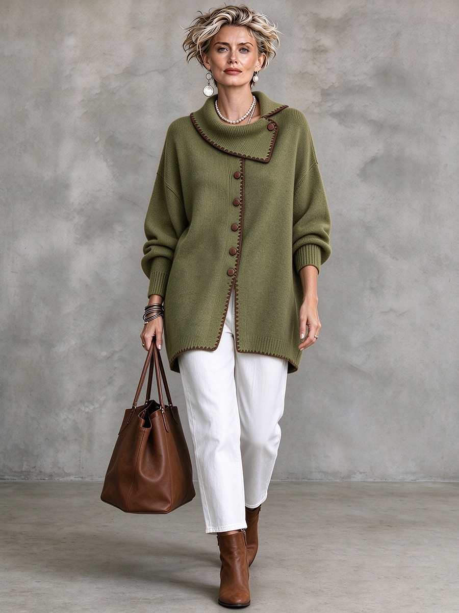 Relaxed Drop Neck Asymmetric Hem Knit Cardigan Sweater