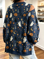 Halloween Ghost And Pumpkin All-over Print V-neck Off-shoulder Sweatshirt