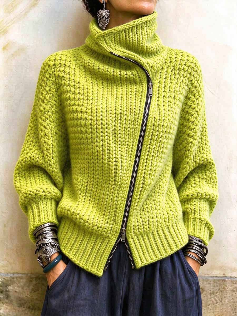 Chunky Knit Asymmetrical Zip-Up Turtleneck Sweater