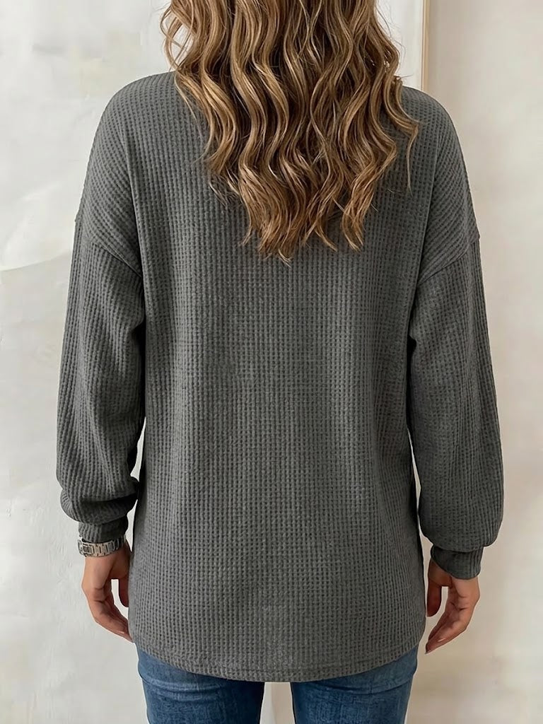 Women's Solid Color Waffle-knit Long-sleeve Button-down Casual Shirt / Comfortable Top