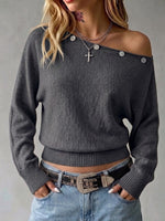 Off-shoulder Loose-fit Knit Sweater With Button Detail