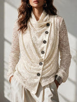 Women's Solid Color Mock Neck Long-sleeve Casual Loose Pleated Lace-embroidered Top