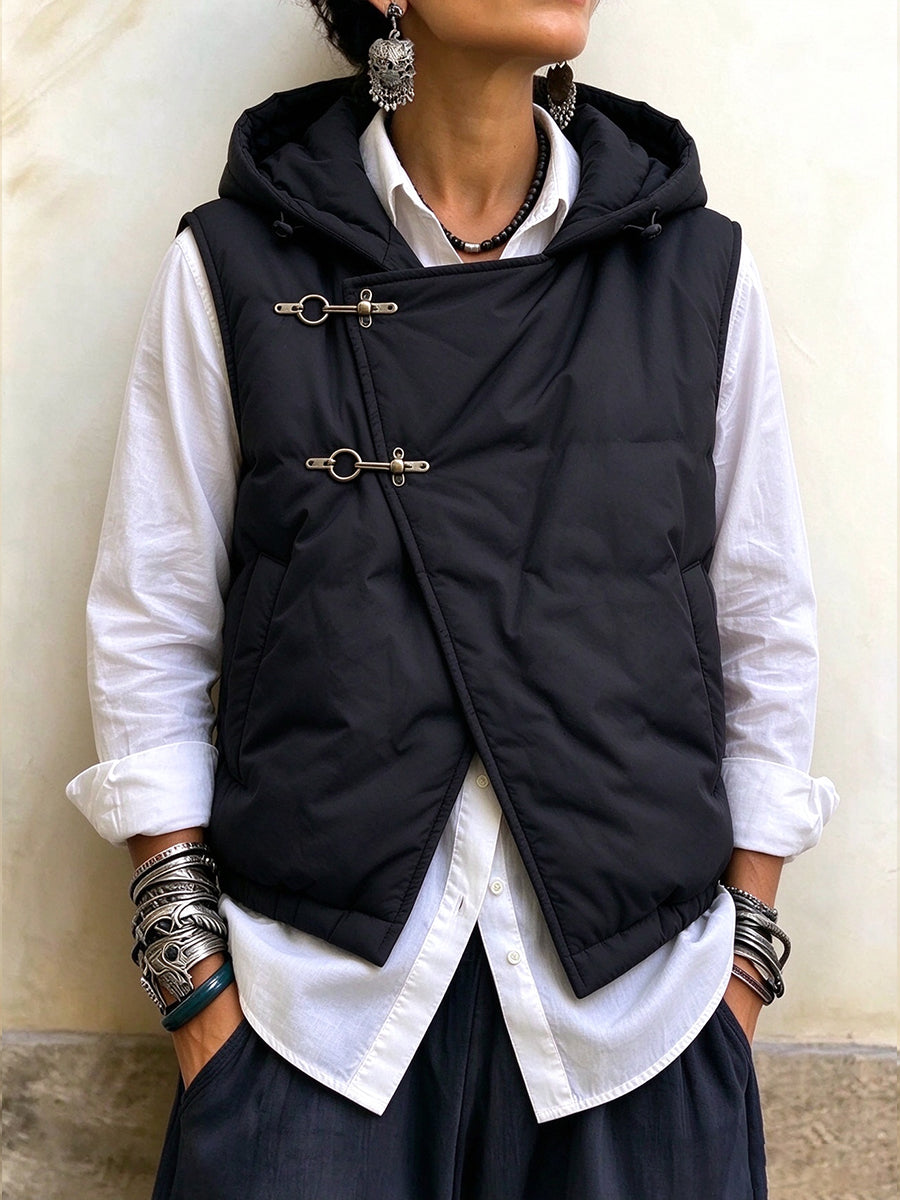 Casual Hooded Asymmetric Quilted Cotton Vest