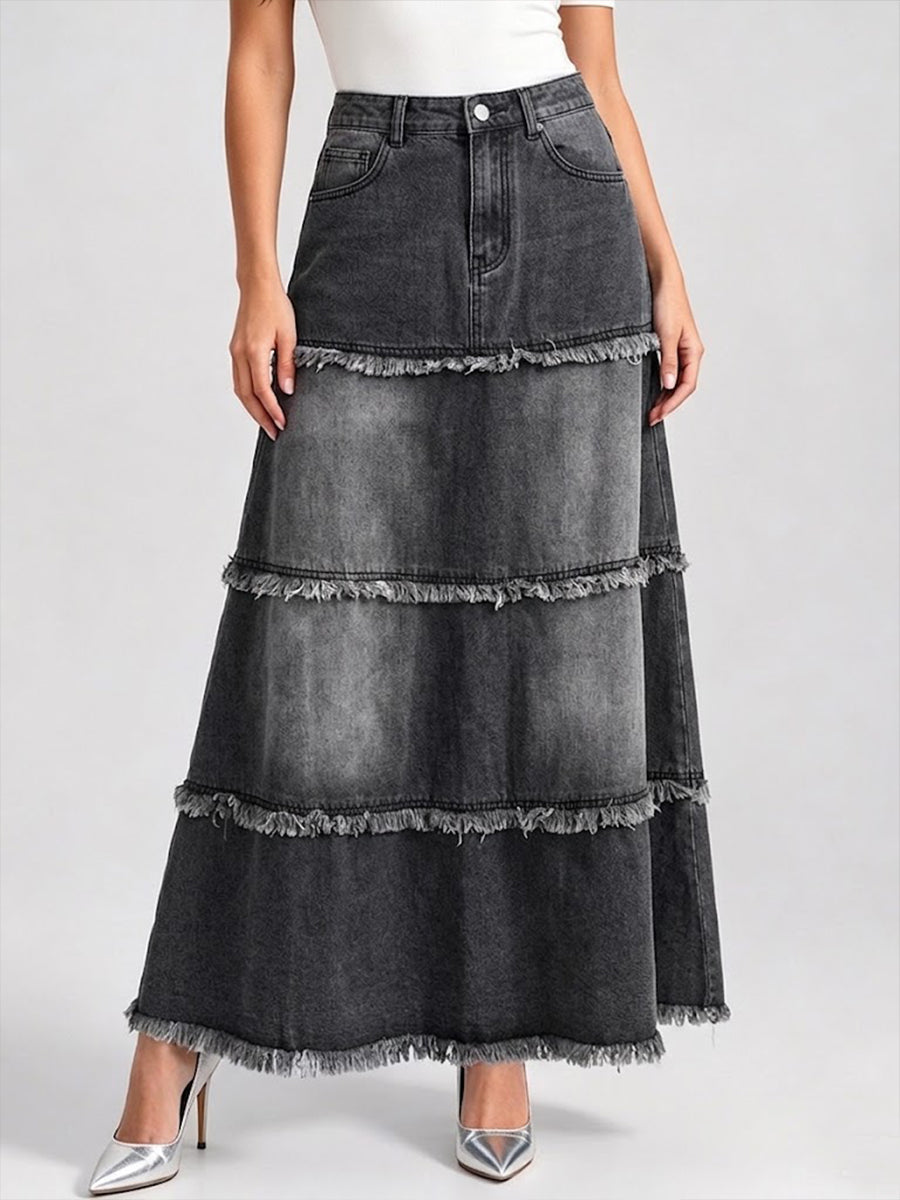 Stylish Casual Long Denim Skirt With Raw-edge Paneling