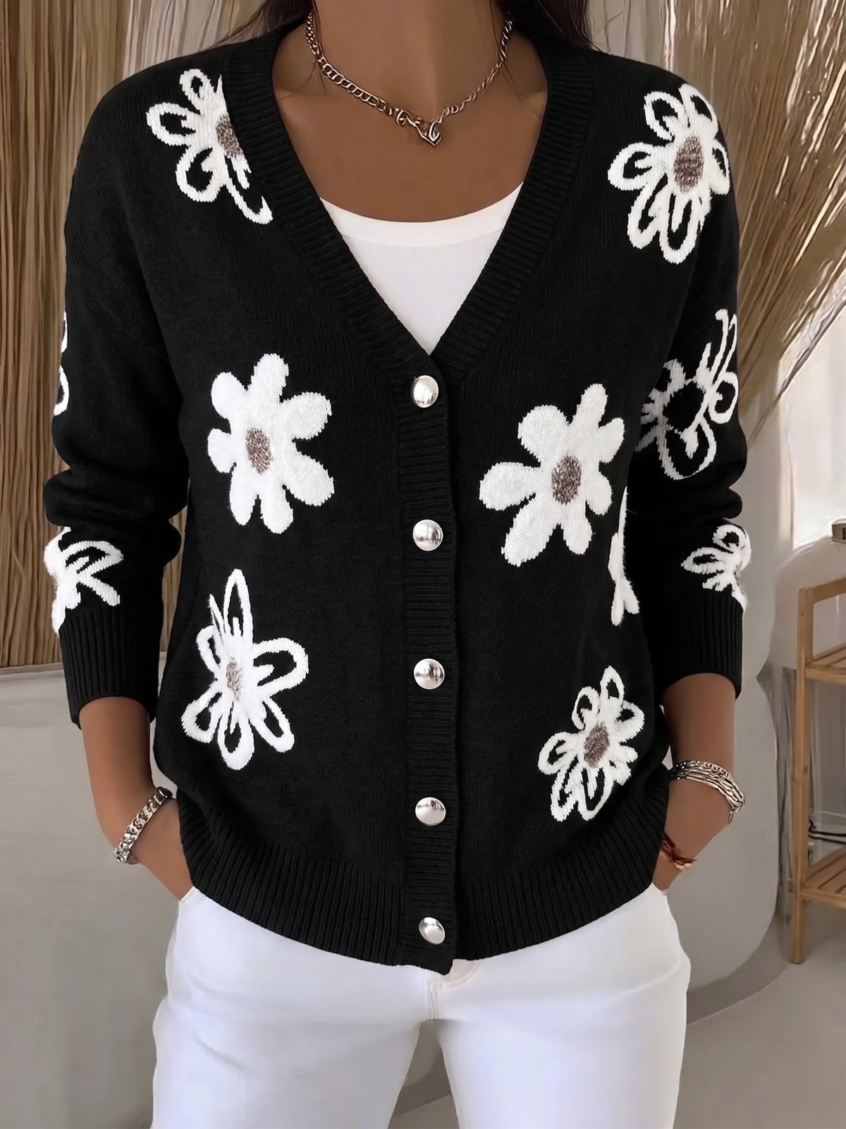 Sweet Floral Fuzzy V-Neck Cardigan