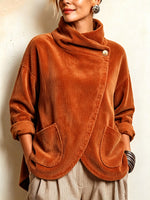Cozy Asymmetric Button-Accented Corduroy Top