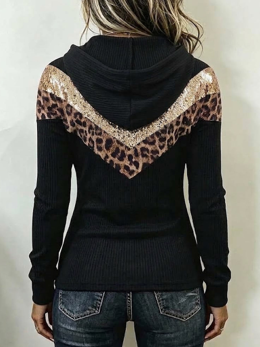 Stylish Leopard-print Sequin-panel Ribbed Hoodie