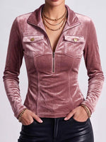 Women's Solid Color Lapel Long-sleeved Casual Loose Velvet Top