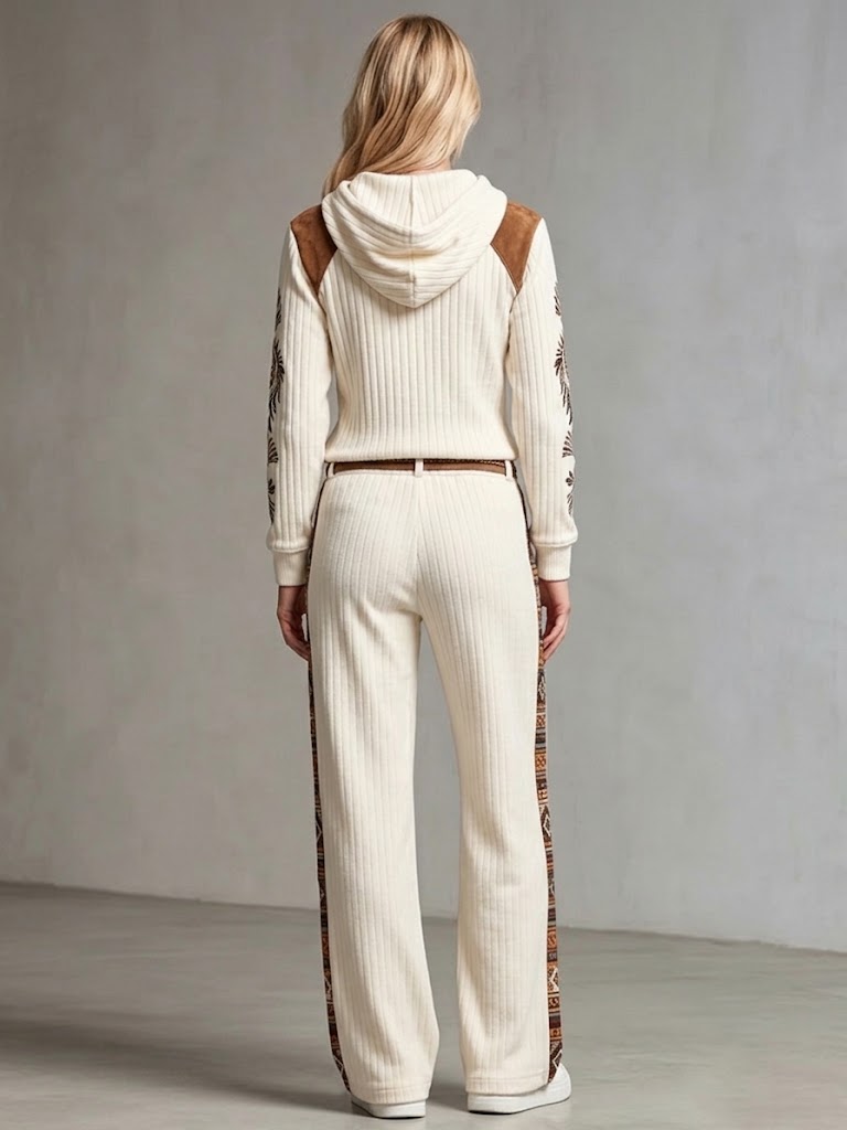 Bohemian Patchwork Faux-suede And Ribbed Knit Two-piece Set (top And Pants)