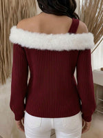 Women's Burgundy Off-the-shoulder Ribbed Knit Top With Faux Fur Trim