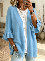 Solid-color, Loose-fit, Casual Knit Cardigan With Three-quarter Sleeves