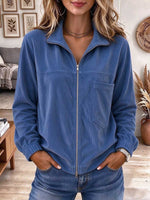 Women's Casual Blue Corduroy Zip-up Jacket With Chest Pocket