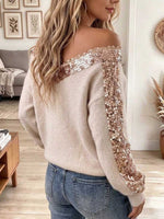 Women's Off-shoulder V-neck Knit Sweater With Rose Gold Sequin Trim