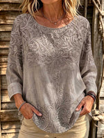 Women's Retro-style Printed Crew Neck 3/4 Sleeve Casual Loose Cotton Linen Top