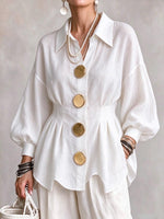 Oversized Button Pleated Linen Peplum Blouse