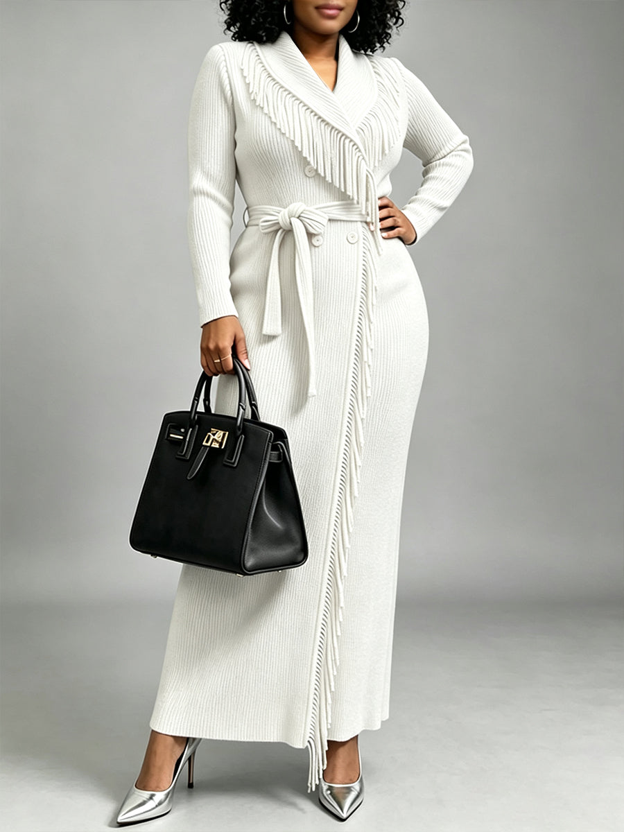 Long Robe In Highly Stretchable, Pleated-texture Fabric Featuring Stylish Tassels And A Lace-up Design.