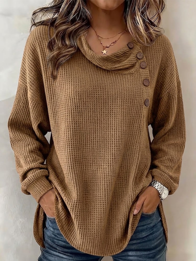 Women's Solid Color Waffle-knit Long-sleeve Button-down Casual Shirt / Comfortable Top