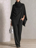 Two-piece Set Featuring A High-neck Cape-style Top And Wide-leg Trousers