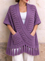 Women's Purple Crochet Tassel Hem Kimono Cardigan
