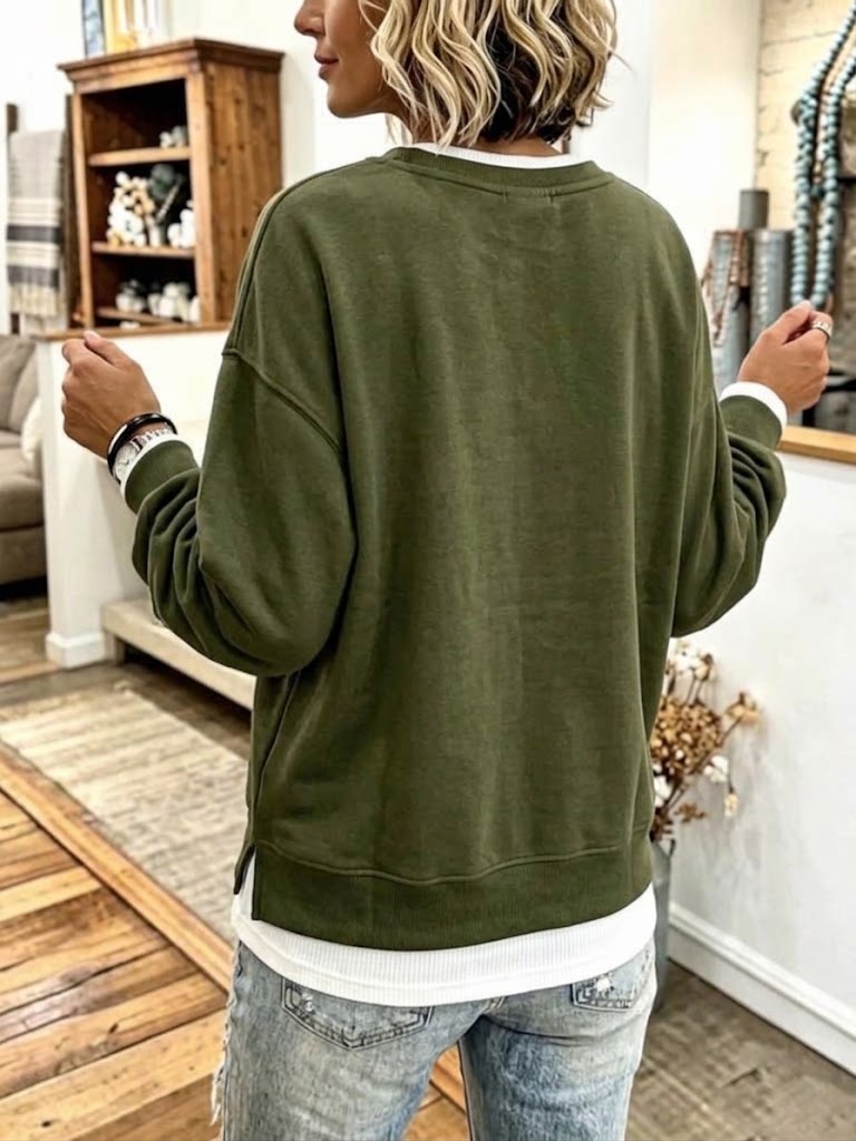 Oversized V-neck Sweatshirt With Dropped Shoulders And Contrasting White Trim