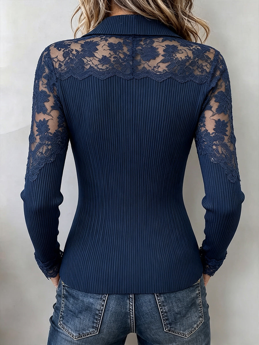 Elegant Lace-Paneled Ribbed Zip-Up Top
