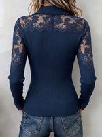 Elegant Lace-Paneled Ribbed Zip-Up Top