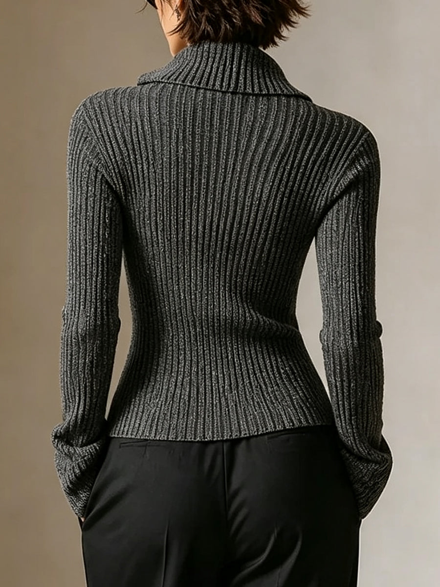 Chic Ribbed Knit Zip-up Top
