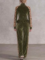 Velour Leopard Patchwork Peplum Tracksuit Set