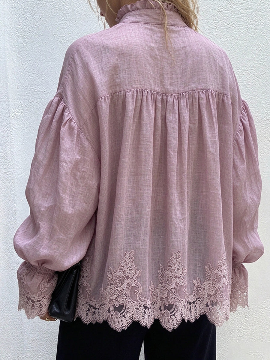 Romantic Lace-Trimmed Ruffle-Collar Blouse