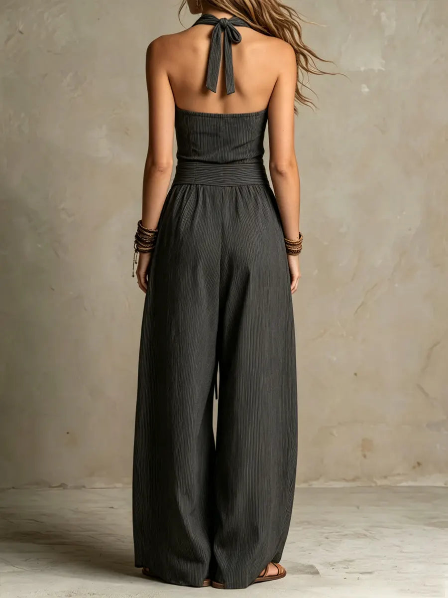 Women's Cross-neck Halter Design Cotton-linen Jumpsuit