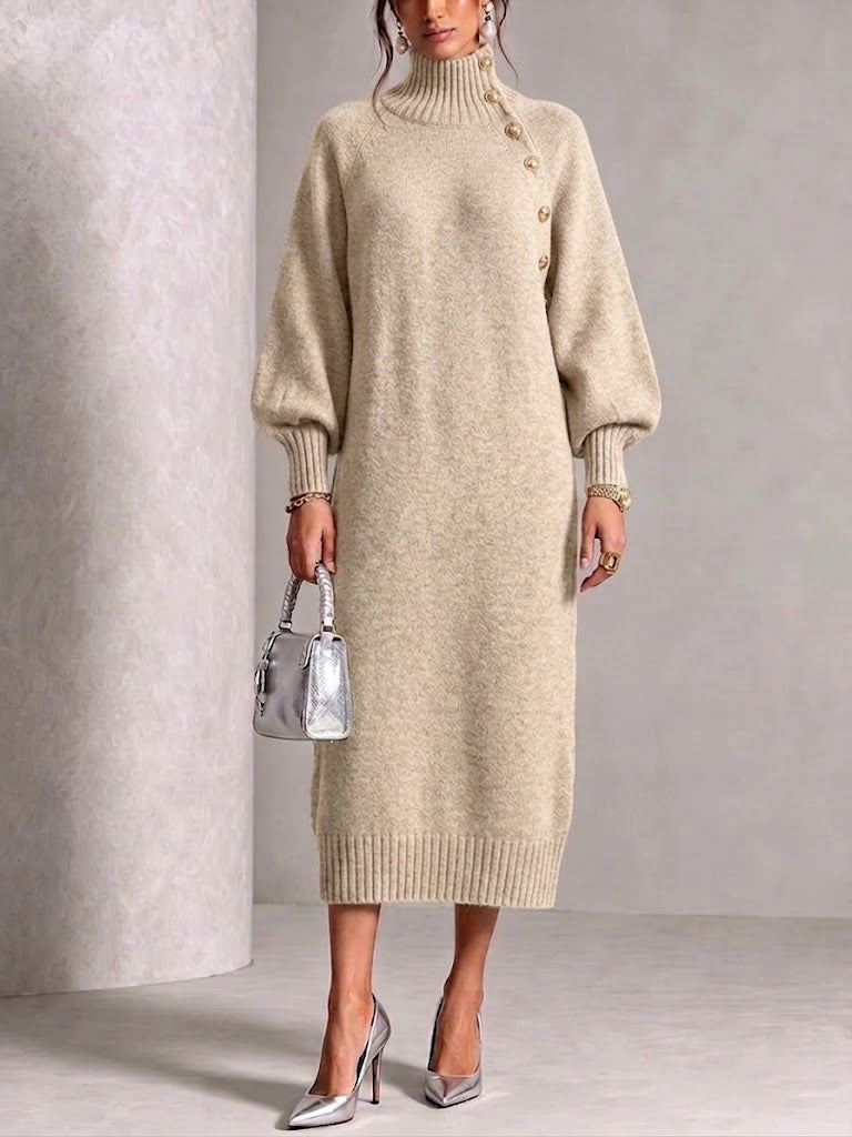 Loose-fit, Slimming Knit Midi Dress Featuring A High Neck, Lantern Sleeves, And A Diagonal Button Detail