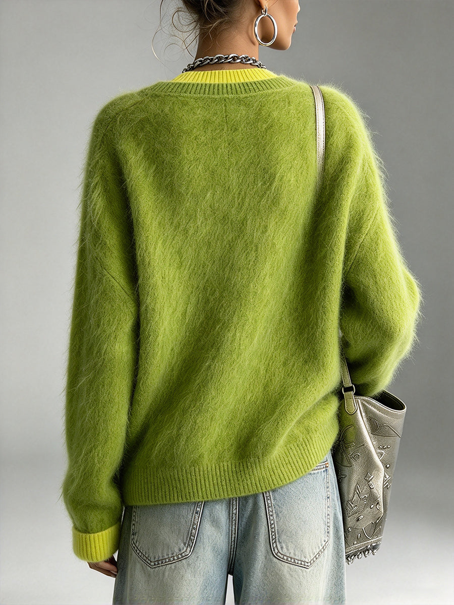 Chic Lime-green Fuzzy-textured Knit Cardigan
