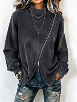 Edgy Vintage-washed Cotton Asymmetric Zip Sweatshirt