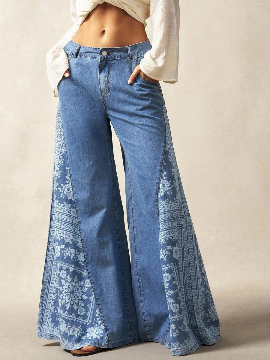Bohemian-print Patchwork Wide-leg Jeans
