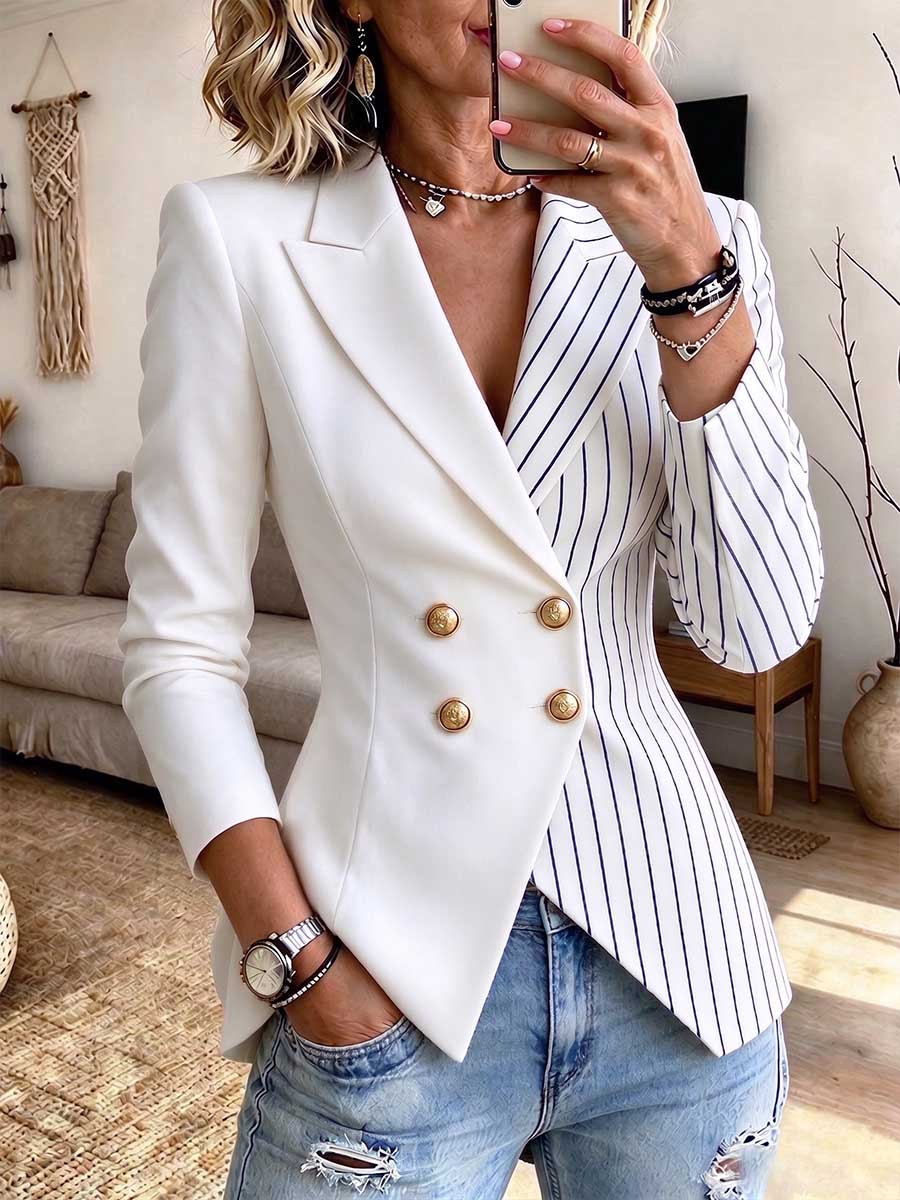 Women's Asymmetric Colorblock Striped Double-breasted Blazer