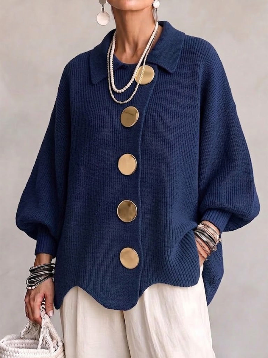 Oversized Collared Knit Cardigan With Large Metal Buttons