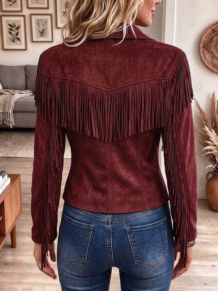Women's Western Style Faux Suede Fringe Button-down Jacket