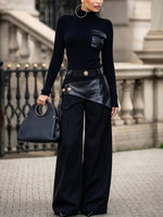 Chic Faux-leather Paneled High-neck Knit Top