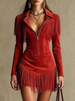 Faux Suede Zip-Up Fringe Western Mini Dress