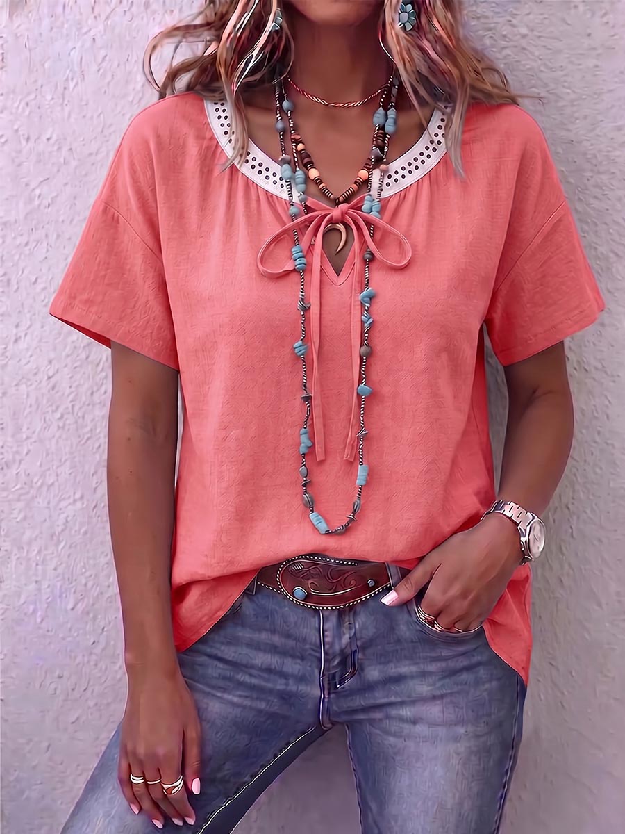 Women's V-neck Tie-waist Short-sleeved Casual Loose Cotton And Linen Top