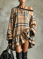 Stylish Plaid Asymmetrical Ruffle Hem Dress