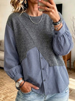 Casual Patchwork Cotton-plaid Knit Top