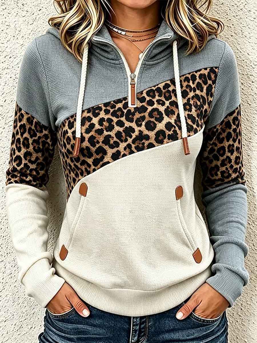 Women's Casual Loose-fit Hooded Top With Collar, Long Sleeves, Leopard Print, And Color-block Panels
