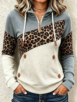 Women's Casual Loose-fit Hooded Top With Collar, Long Sleeves, Leopard Print, And Color-block Panels