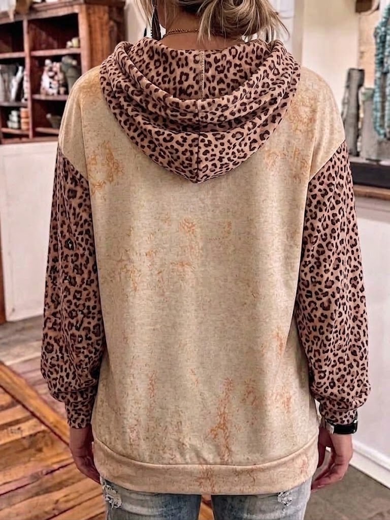 Halloween Pumpkin & Sunflower Print Leopard Patchwork Hoodie Jacket