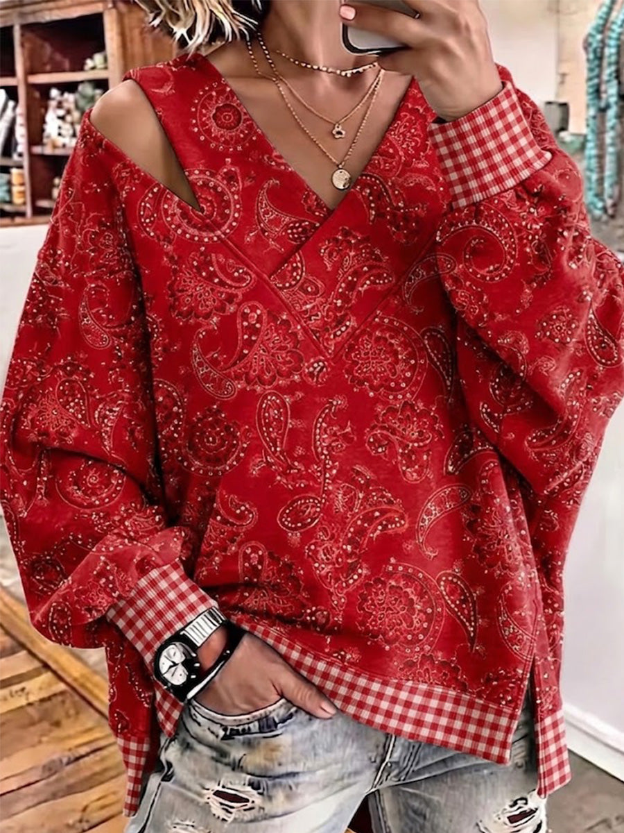 Retro Paisley Print And Plaid Patchwork Asymmetrical Cut-out Top