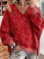 Retro Paisley Print And Plaid Patchwork Asymmetrical Cut-out Top