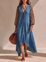 Women's V-neck Long-sleeved Casual Loose Leopard Print Patchwork A-line Denim Dress